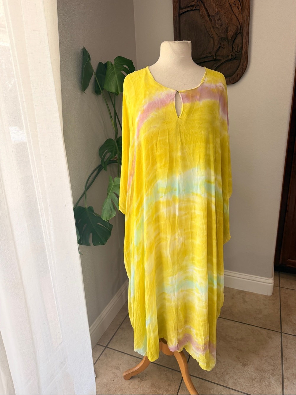 Young Fabulous & Broke YFB Tie Dye Kaftan Maxi Dress S/M Yellow Pink